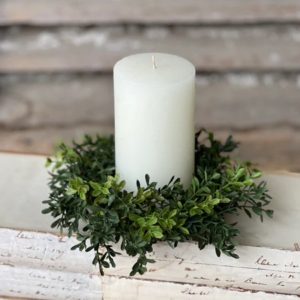 Boxwood Wreath ring with pillar candle display - Olde Crow Gatherings